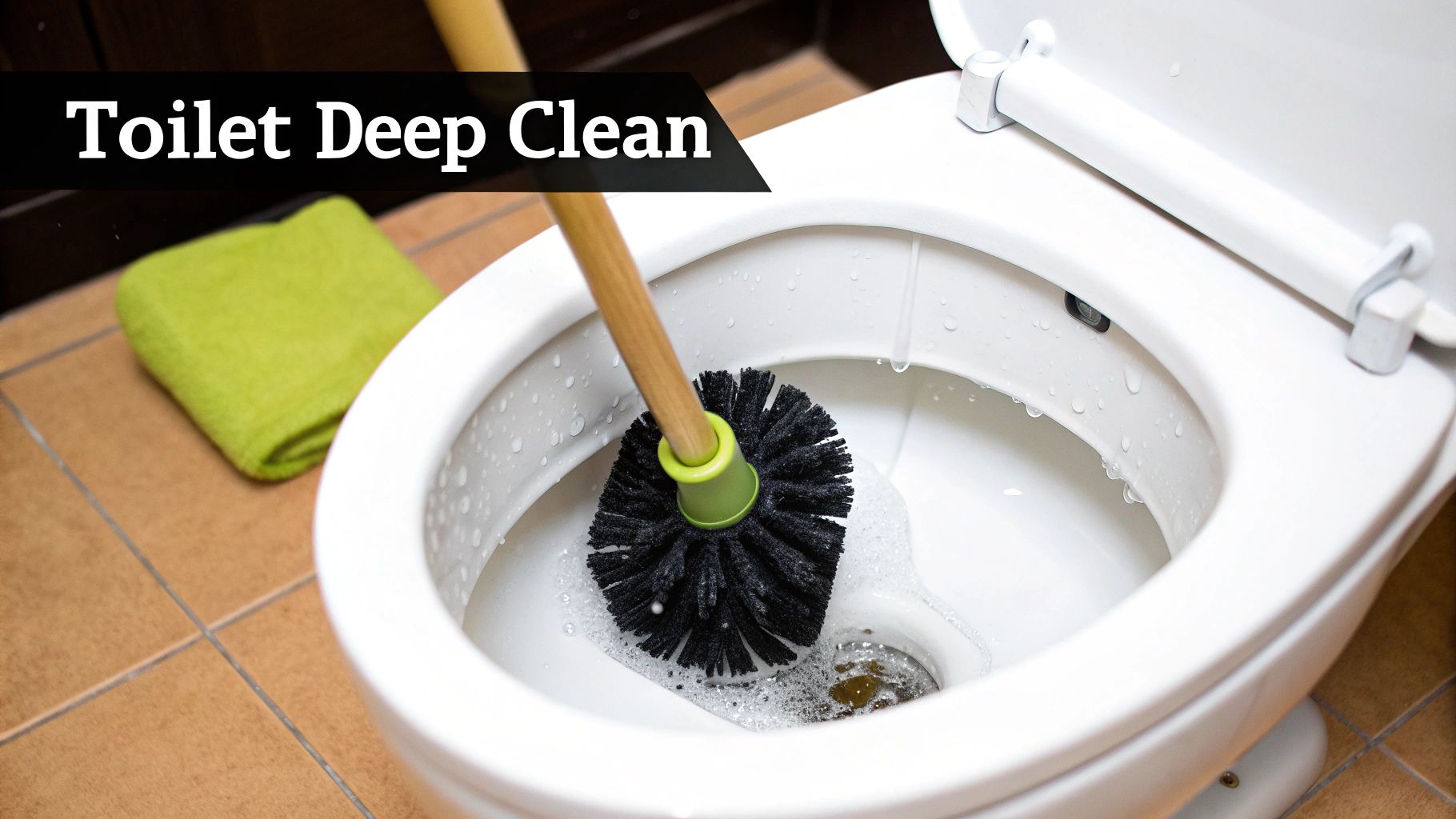 A toilet being deep cleaned with a black brush, surrounded by soapy water and a green towel.