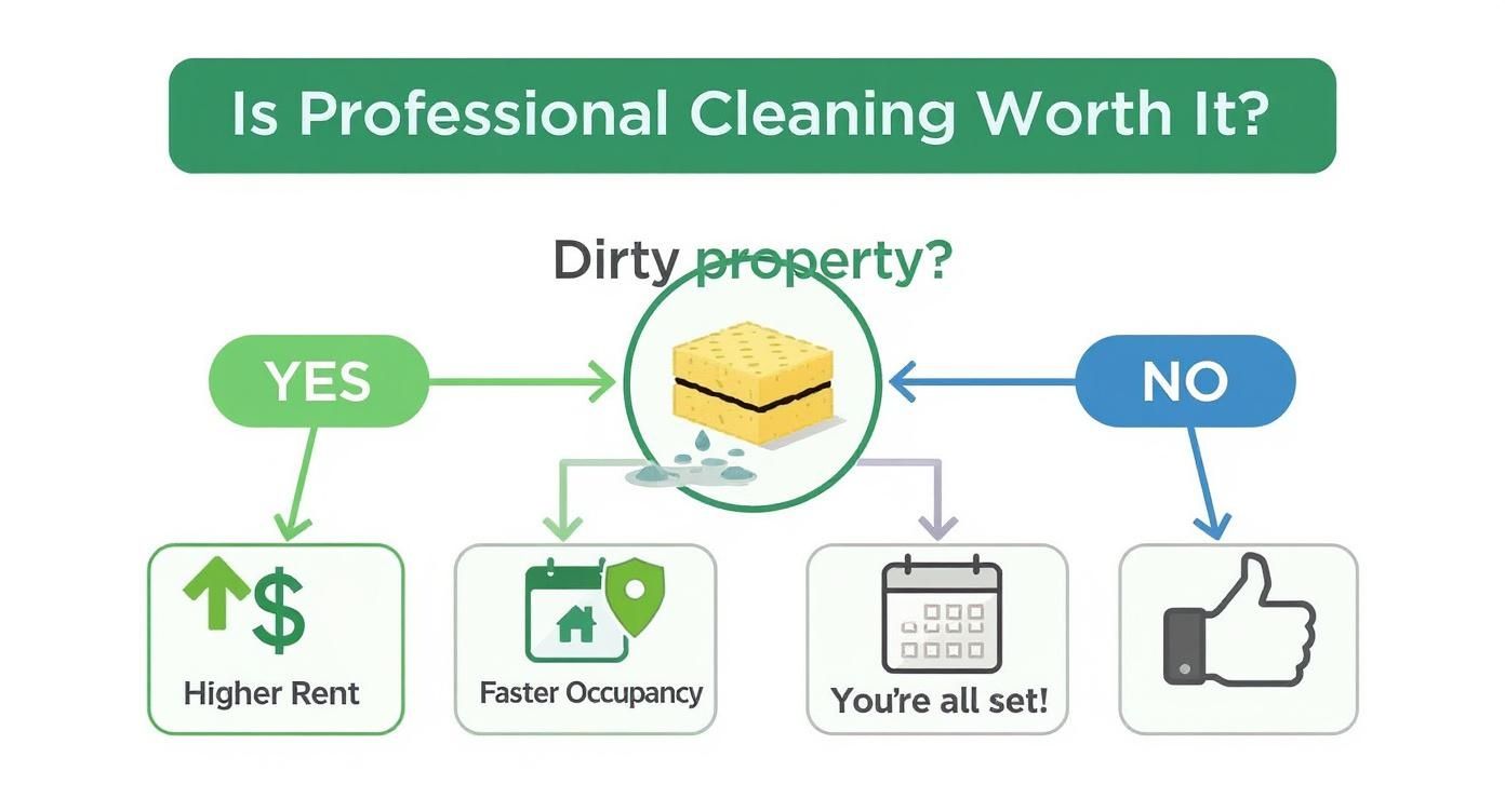 cleaning services for rental properties decision flowchart Flowchart showing decision process for professional cleaning services based on property condition and benefits