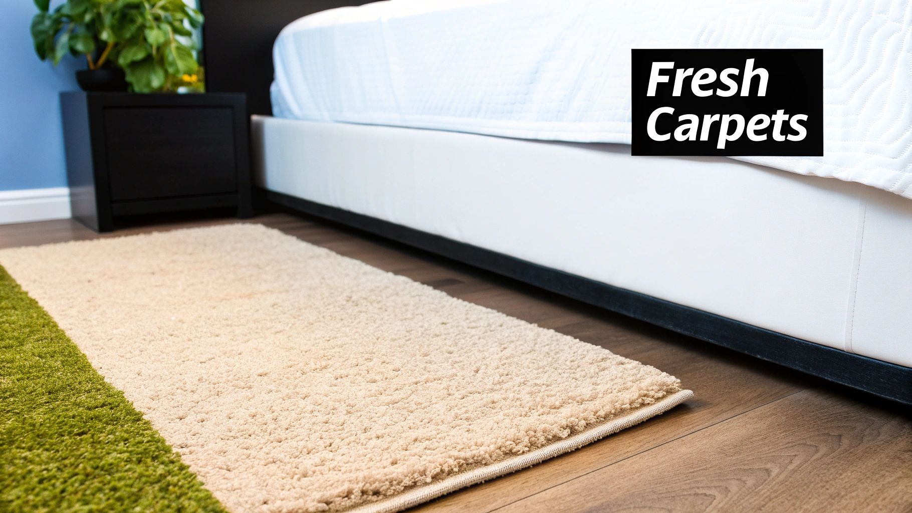 A person using a modern vacuum cleaner on a plush grey bedroom carpet, demonstrating a thorough cleaning technique.
