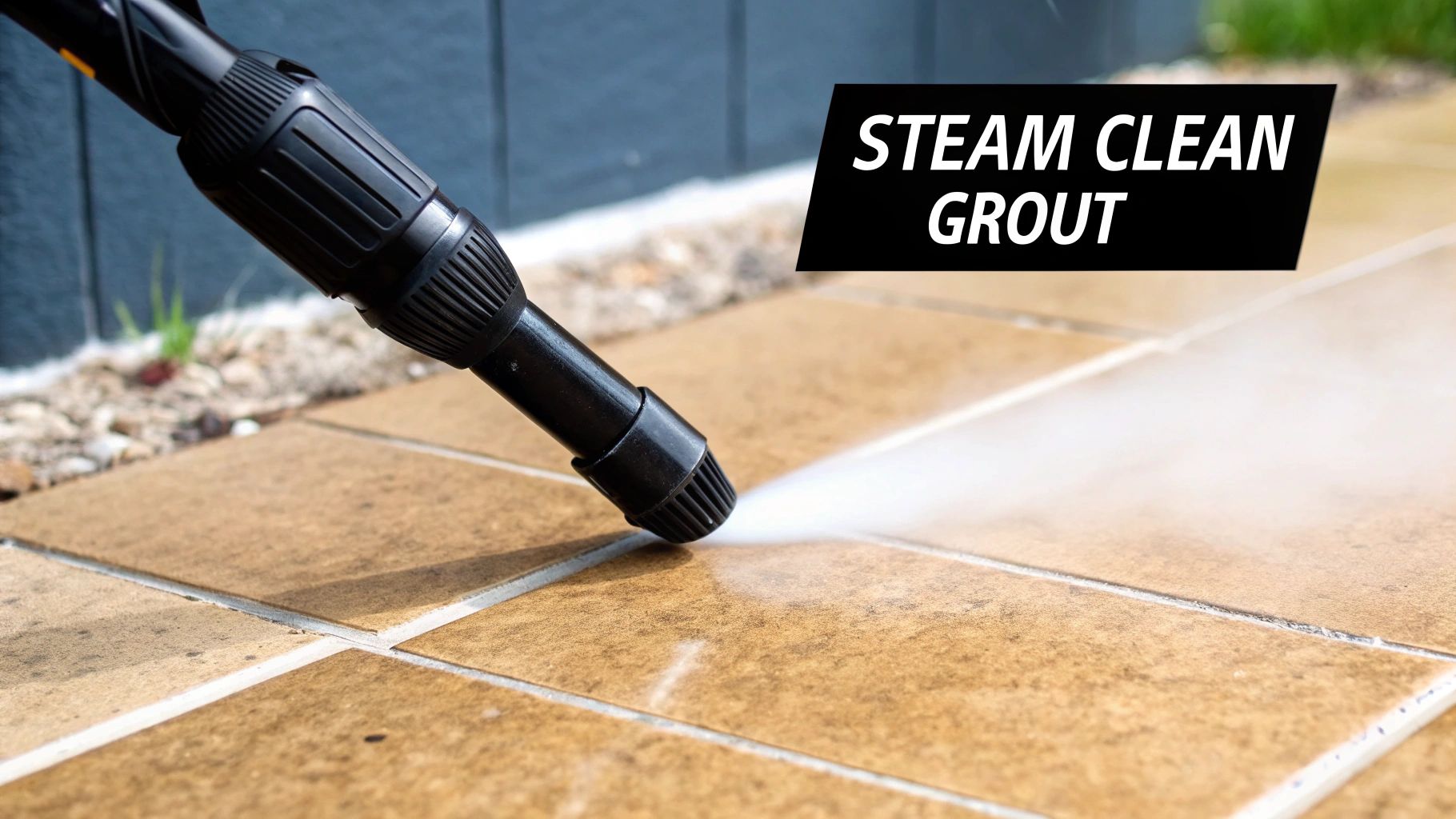A steam cleaner nozzle applying hot steam to clean dirty tile grout.