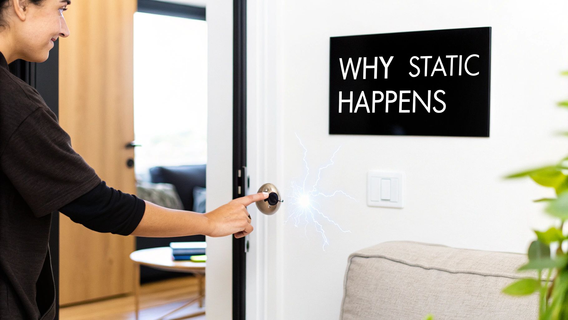 Woman touching metal doorknob experiencing static electricity shock with educational poster on wall