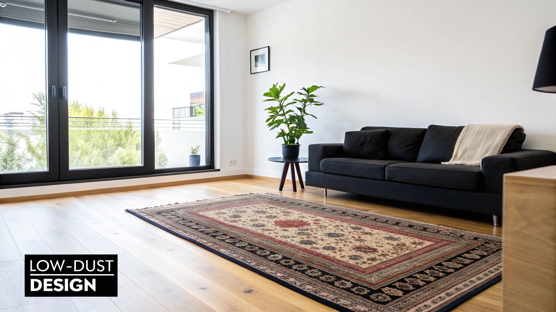 A modern, minimalist living room with a black sofa, patterned rug, and large windows, suggesting a low-dust design.