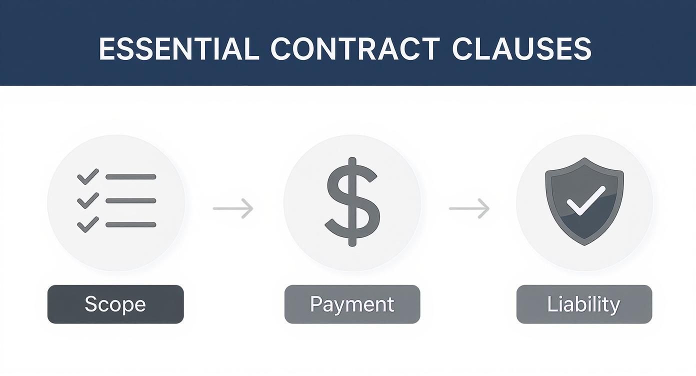 Three essential contract clauses illustrated with icons showing scope checklist, payment dollar sign, and liability shield