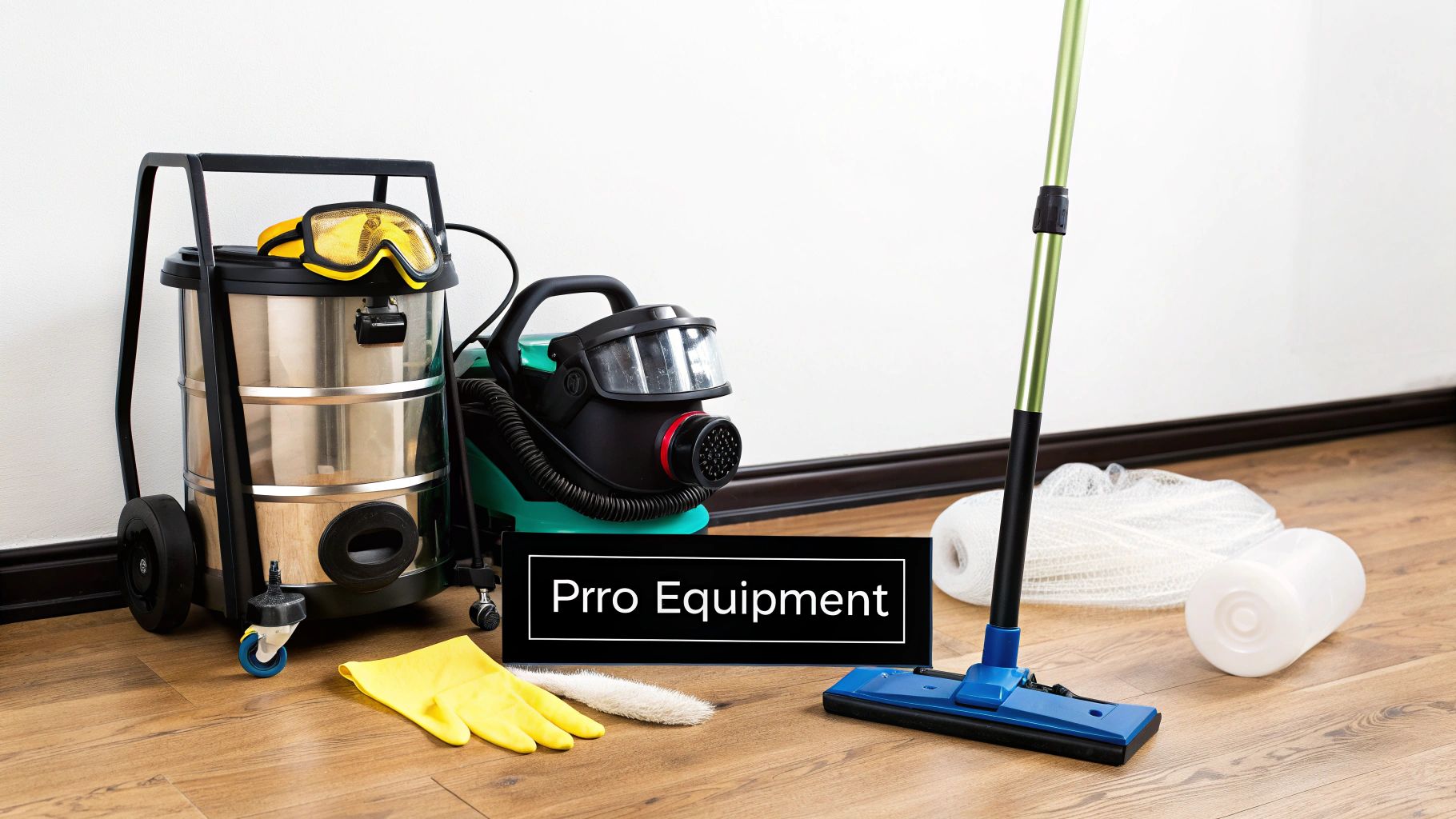 Professional cleaning equipment including industrial vacuum, mop, safety goggles, and supplies on hardwood floor
