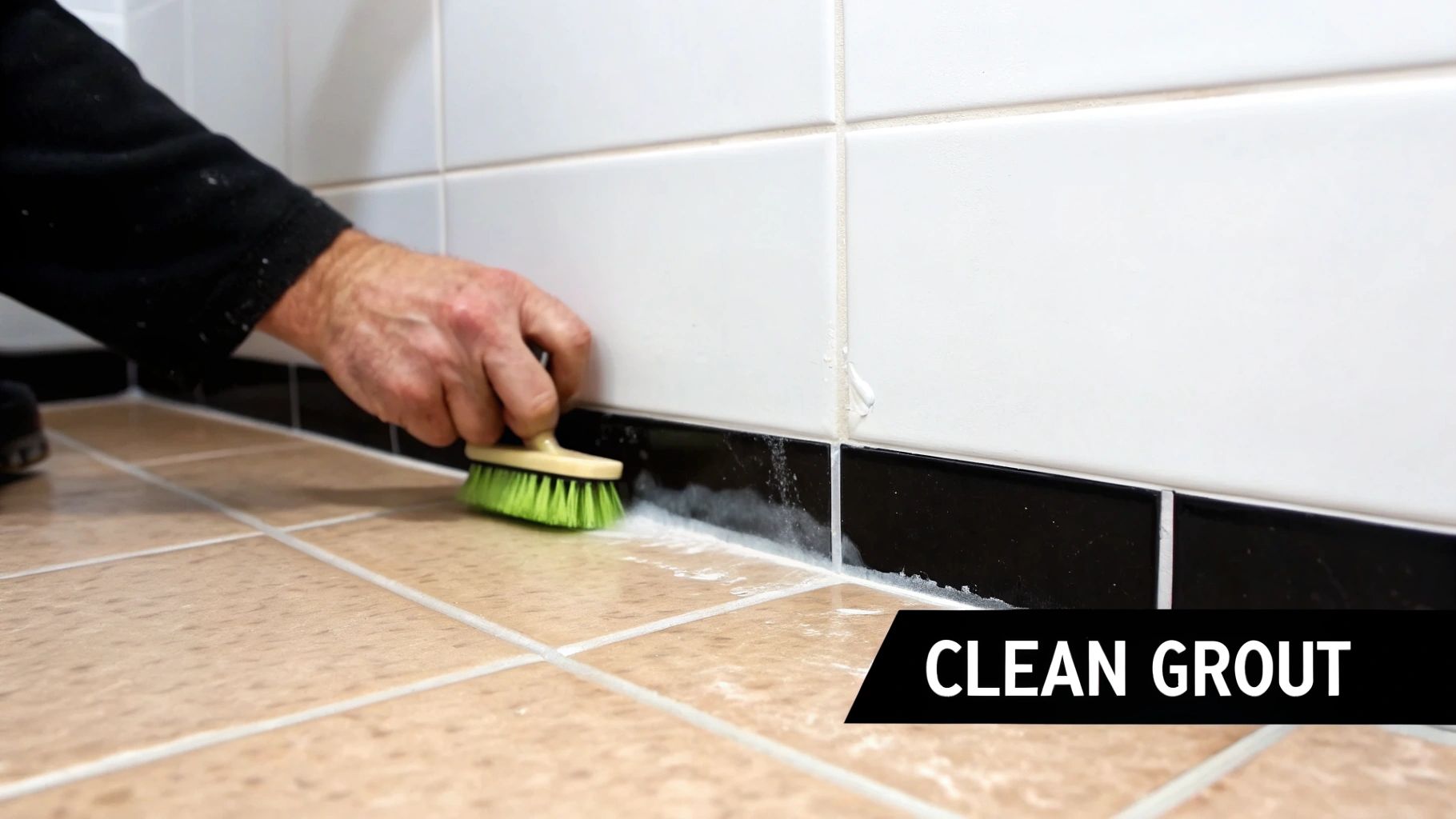 A person is scrubbing dirty grout between beige floor tiles and white wall tiles with a green brush.