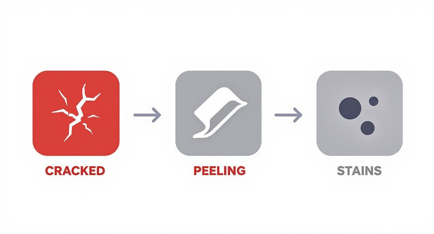 Infographic showing signs that shower caulk needs replacement, including cracked caulk, peeling caulk, and persistent stains.