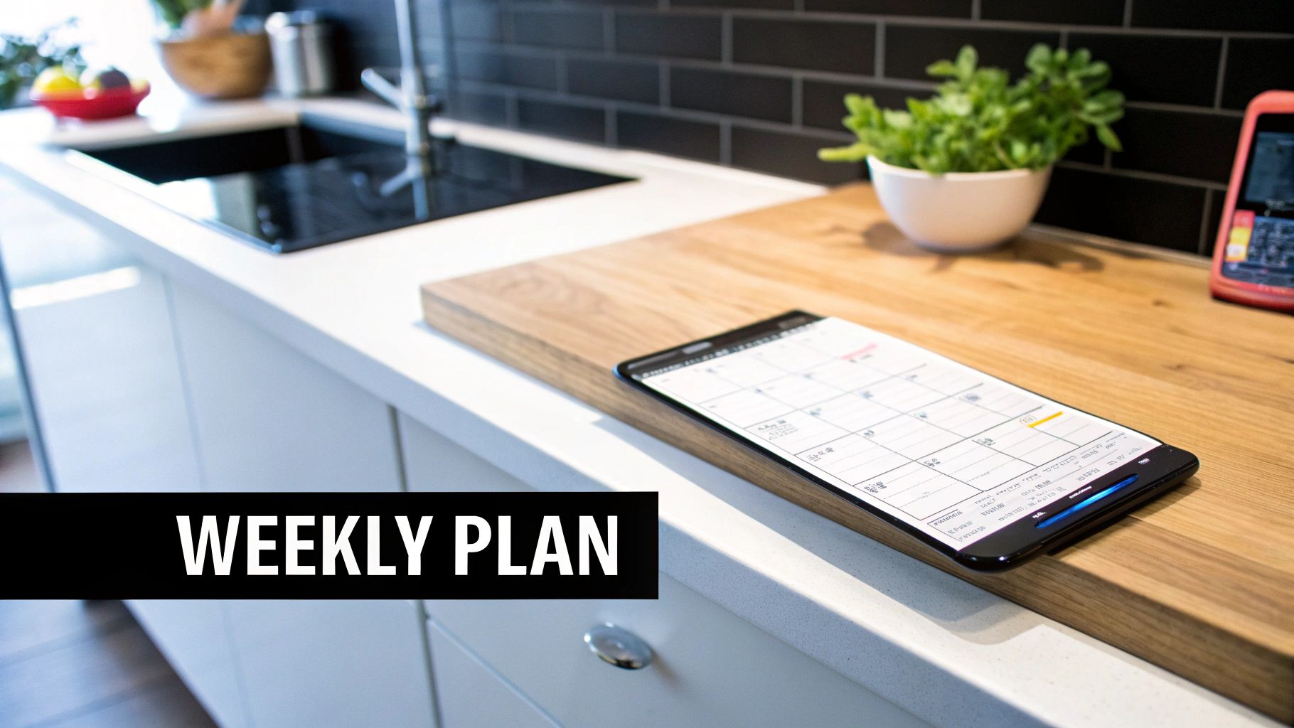 A sleek kitchen counter with a sink, a green plant, and a smartphone displaying a weekly calendar plan.