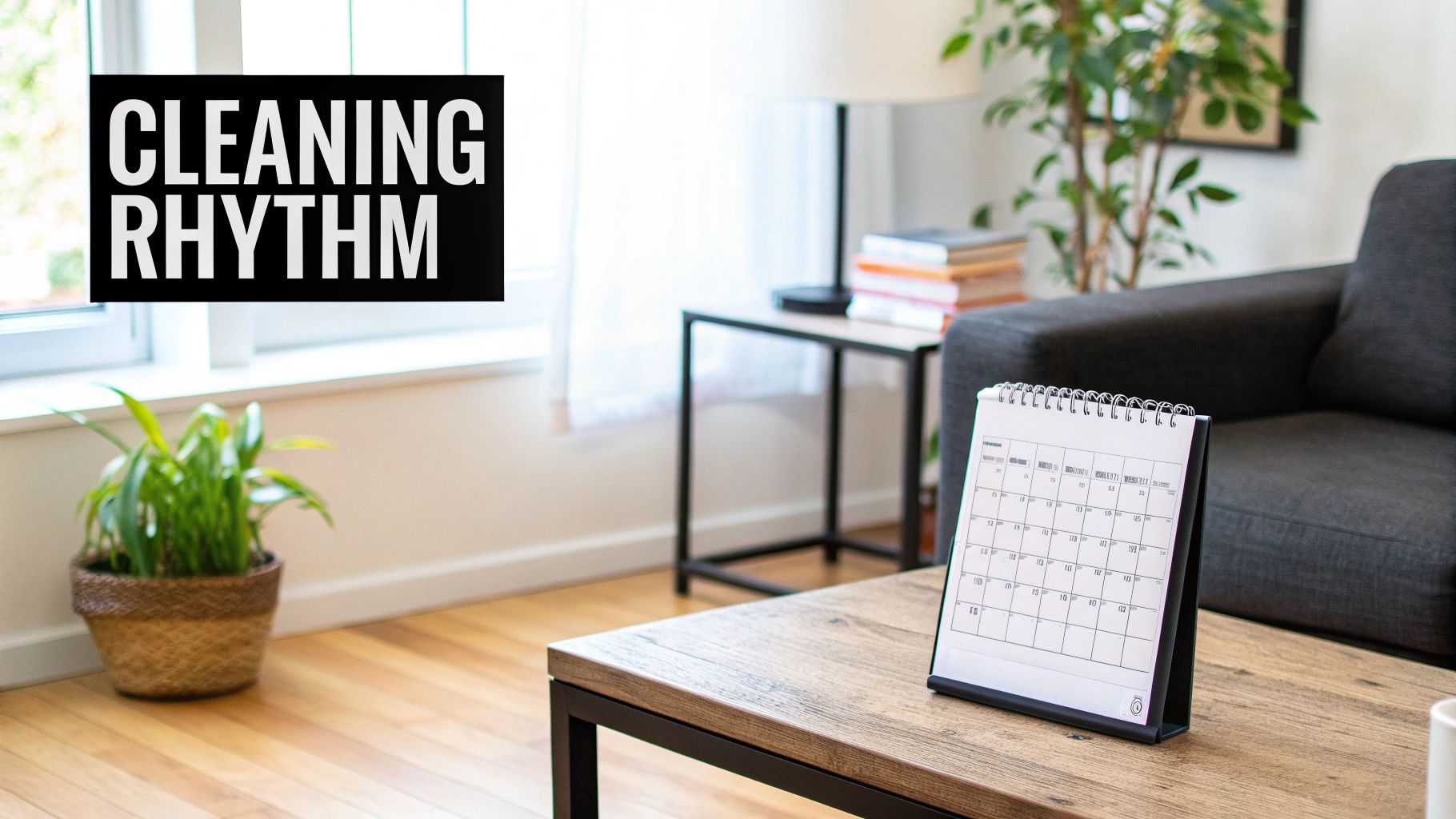 A living room scene with a calendar on a coffee table and a 'Cleaning Rhythm' sign.