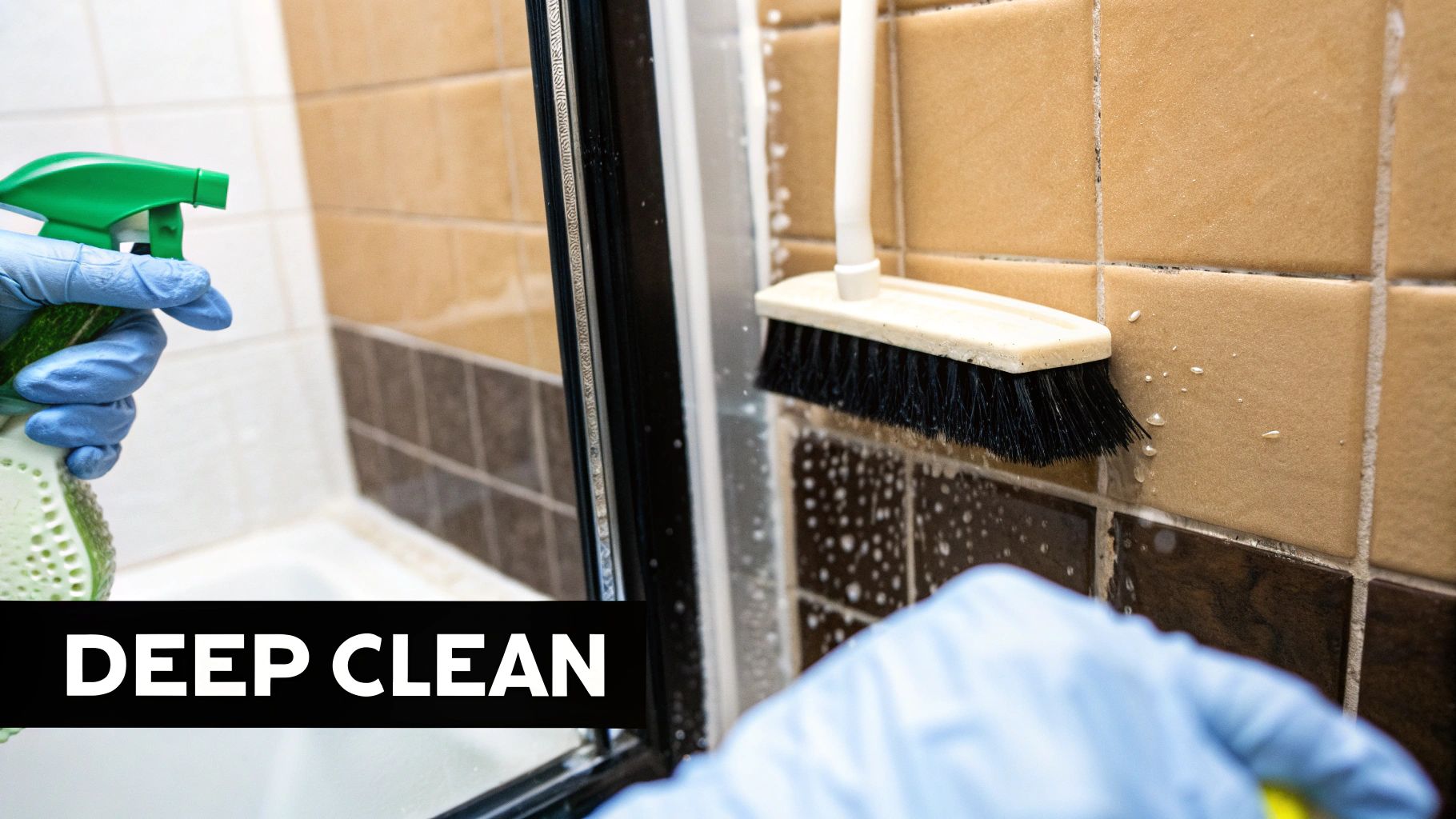 Person in blue gloves spraying cleaner on bathroom tiles and scrubbing with a brush for a deep clean.