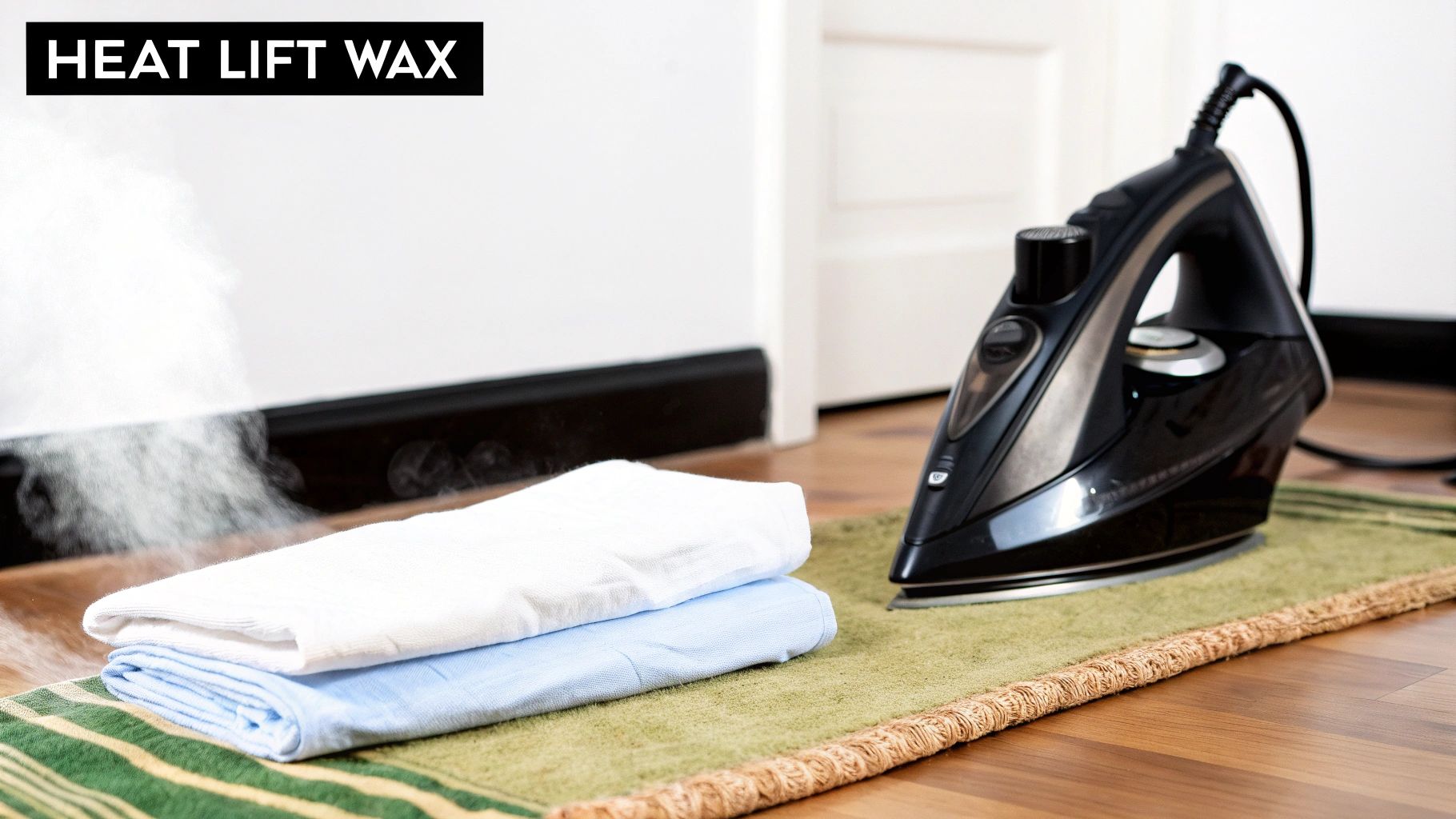 An iron gently heating a brown paper bag over a wax stain on a rug.