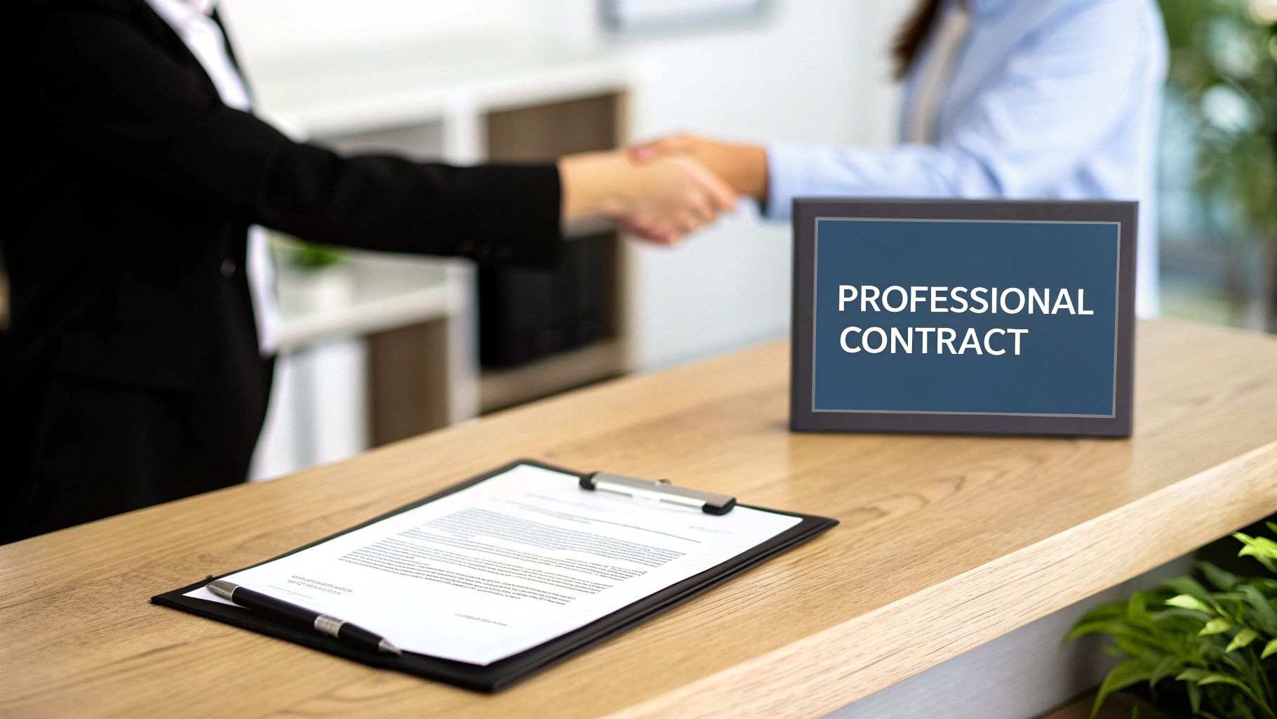 Two business professionals shaking hands over professional contract document on wooden desk