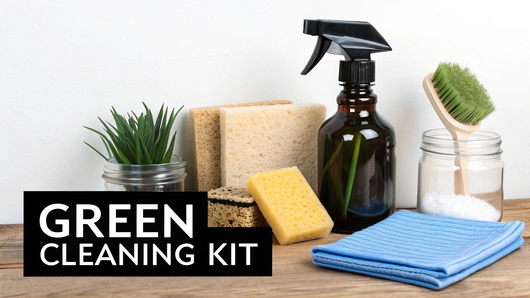 A collection of natural and eco-friendly cleaning supplies including a spray bottle, sponges, a brush, baking soda, and a blue cloth.