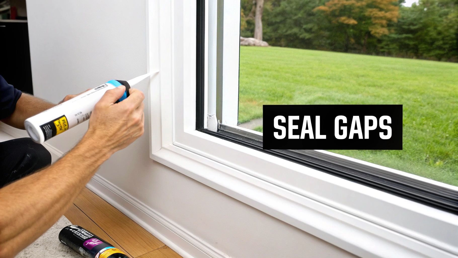 Close-up of a person applying caulk to seal a gap around a white window frame.