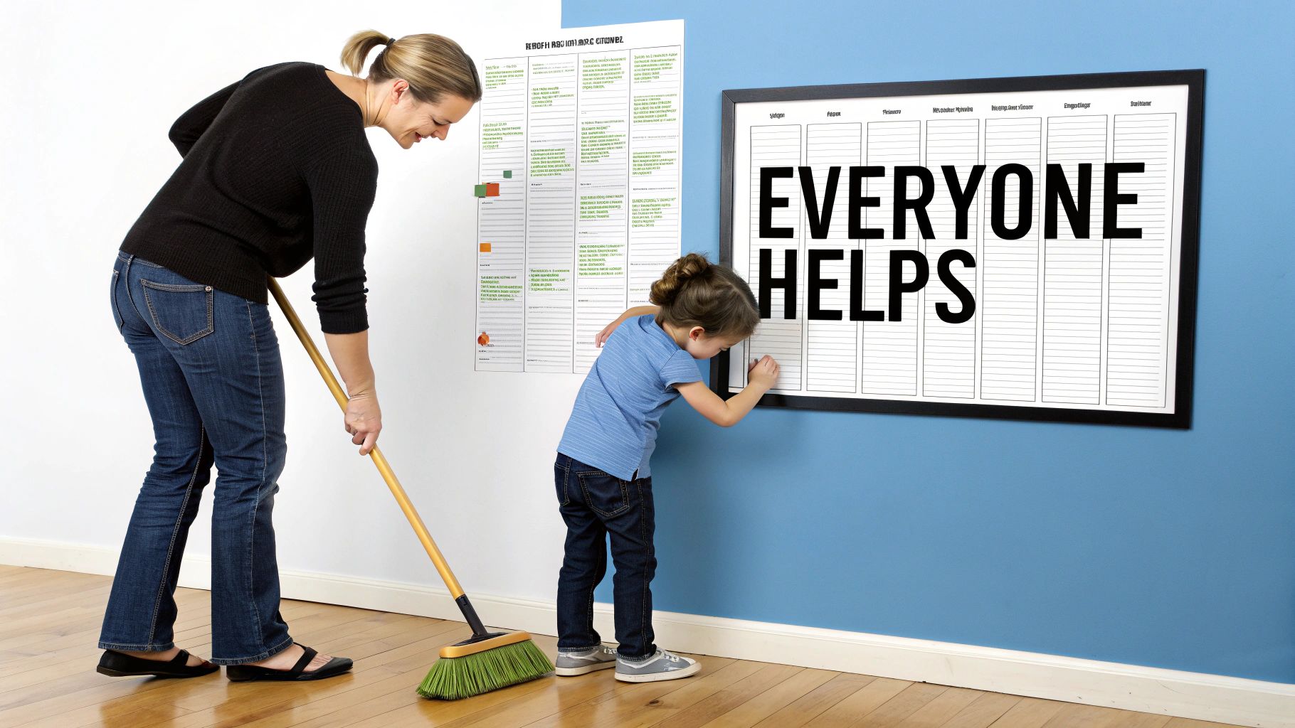 8adcff21 897b 4c94 a156 cdfe01bd1455 A family, including a mother, father, and two children, happily cleaning their living room together, demonstrating teamwork in household chores.