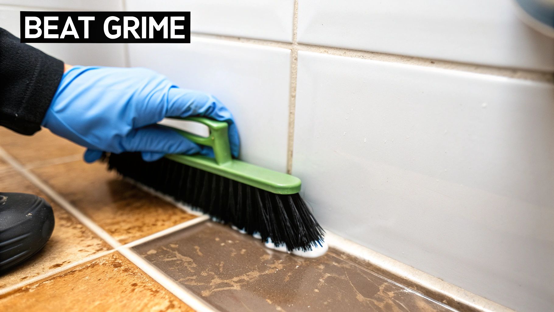 8d17769d 1c10 455a 9061 43b95749823f A close-up shot of a gloved hand scrubbing stubborn grime from a tile grout line.