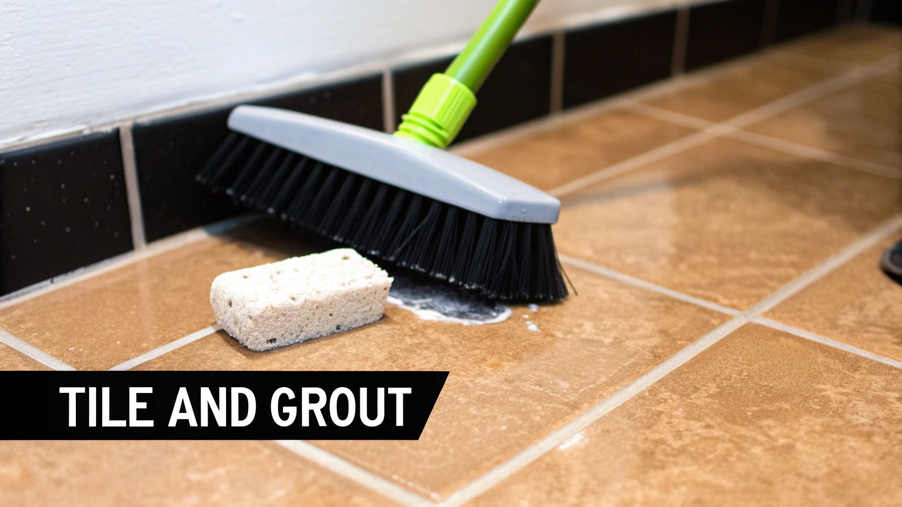 Close-up of a scrub brush and sponge cleaning brown floor tiles and grout lines with suds.