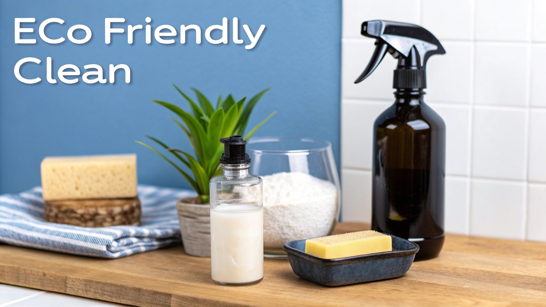 Assorted eco-friendly bathroom cleaning supplies like spray bottles, plants, and natural sponges on a wooden surface.