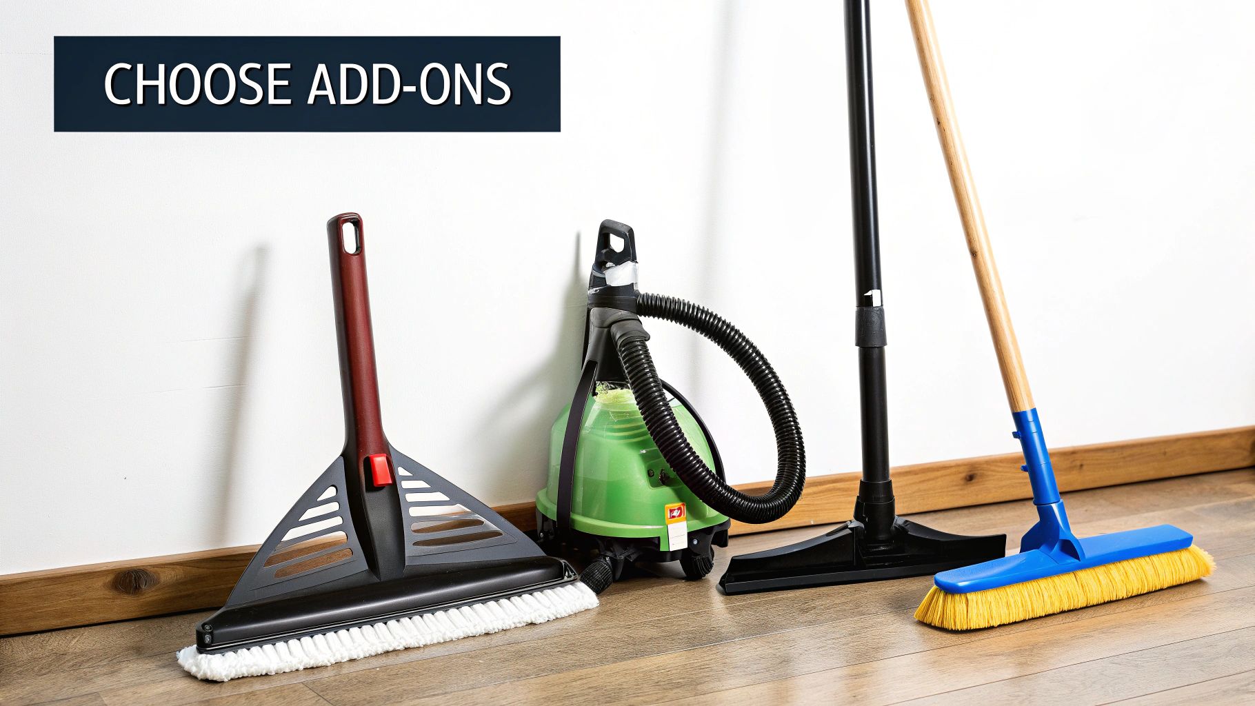 what does a move out cleaning include cleaning add ons Essential cleaning add-ons featuring a floor duster, steam cleaner, vacuum, and broom on a wooden floor.