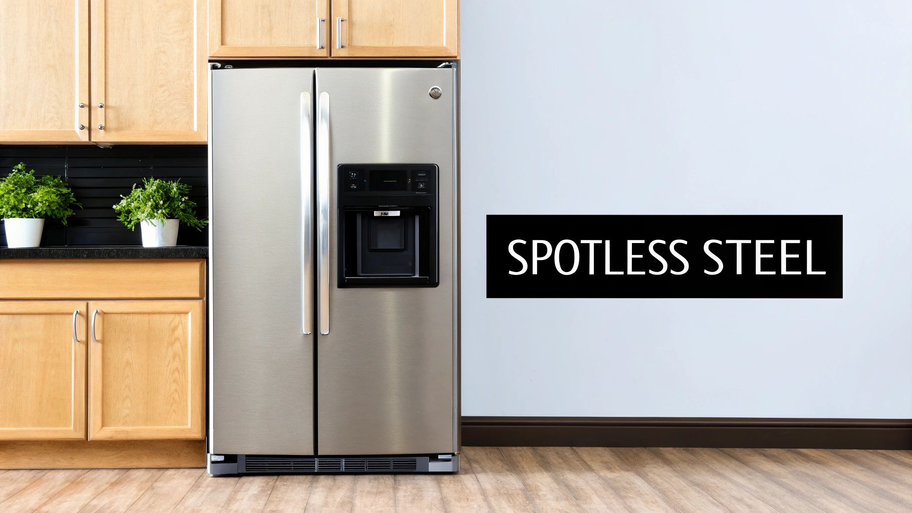 A stainless steel refrigerator in a modern kitchen with light wood cabinets and a 'SPOTLESS STEEL' sign on the wall.