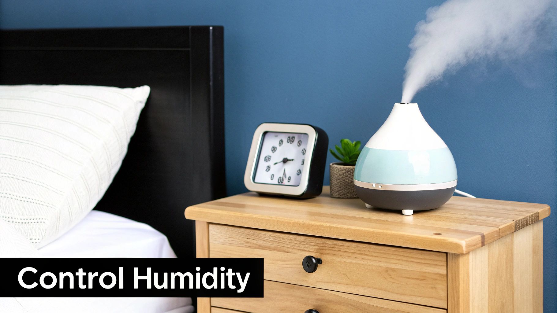 Modern humidifier releasing mist on wooden nightstand beside bed to control indoor humidity levels
