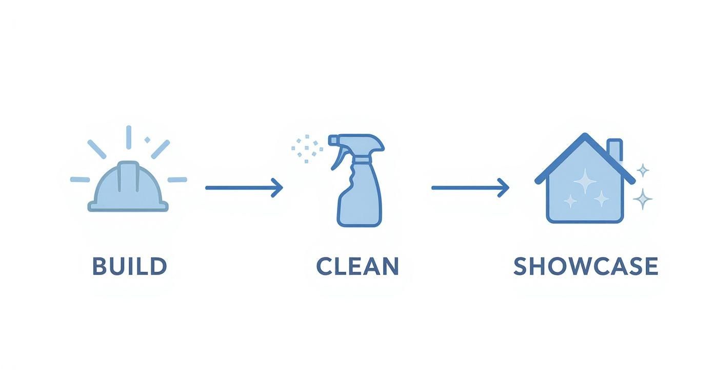 Three-step process showing construction hard hat, cleaning spray bottle, and sparkling clean house illustration