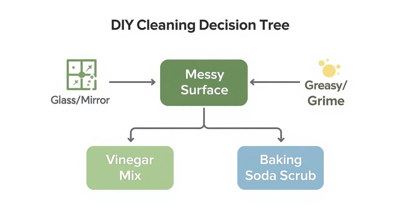 DIY cleaning decision tree flowchart showing natural cleaning methods for different surface types and messes