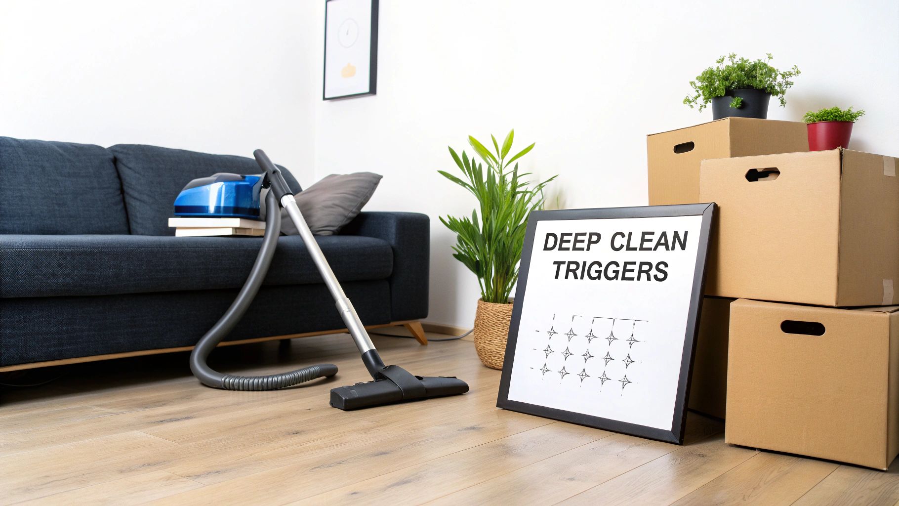 A vacuum cleaner by a sofa in a living room with moving boxes and a "Deep Clean Triggers" sign.