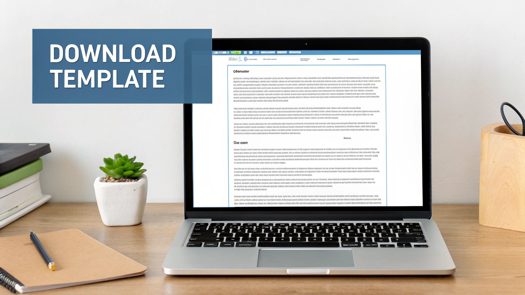 Laptop displaying downloadable commercial cleaning contract template on desk with office supplies and plant