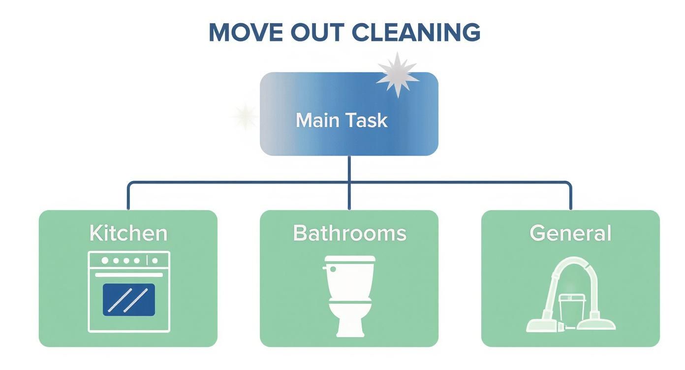 what does a move out cleaning include cleaning tasks A flowchart showing main move out cleaning tasks, including Kitchen, Bathrooms, and General categories.