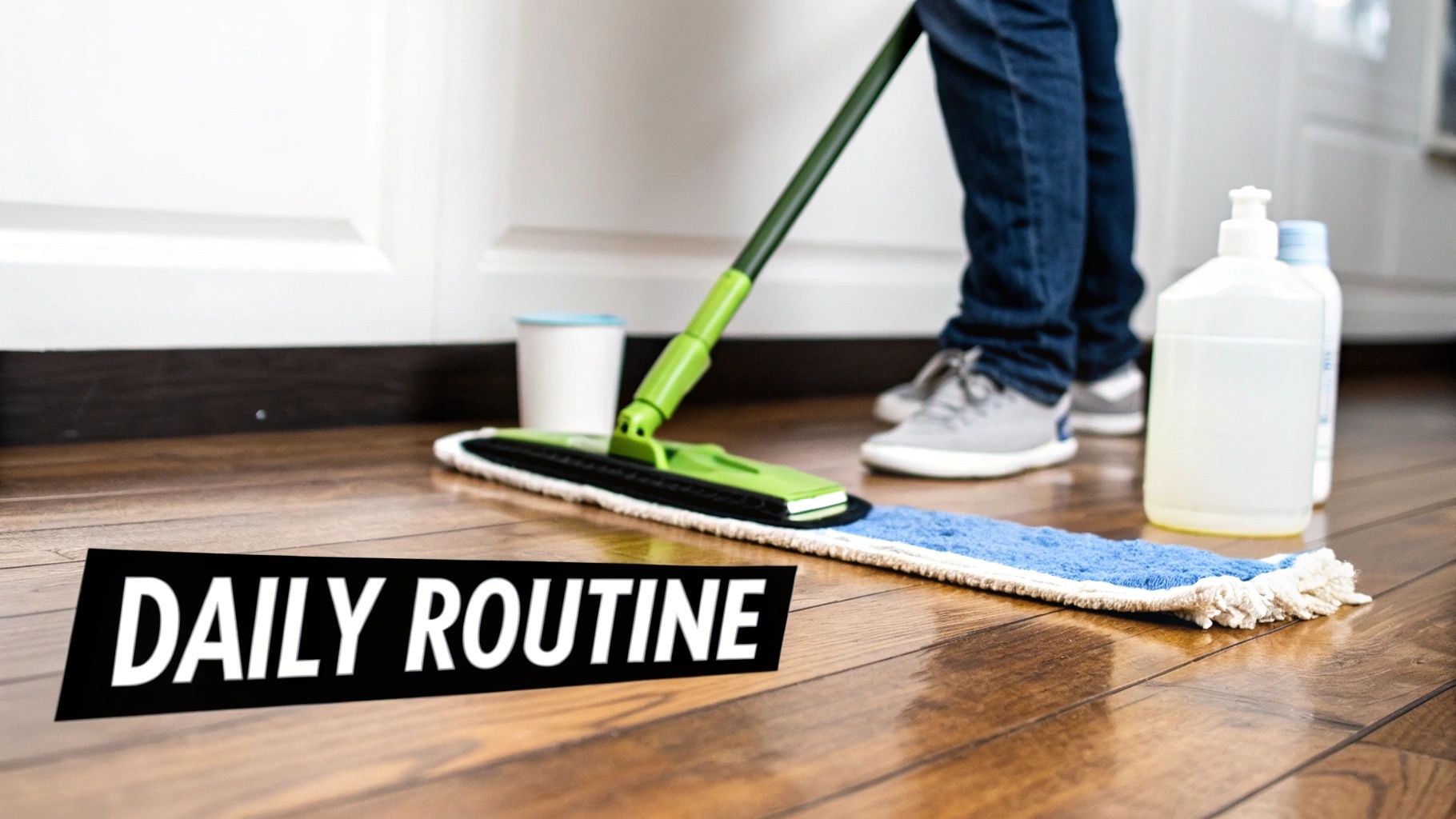 A person in blue jeans uses a green mop to clean a shiny hardwood floor. Cleaning solution bottles are visible.