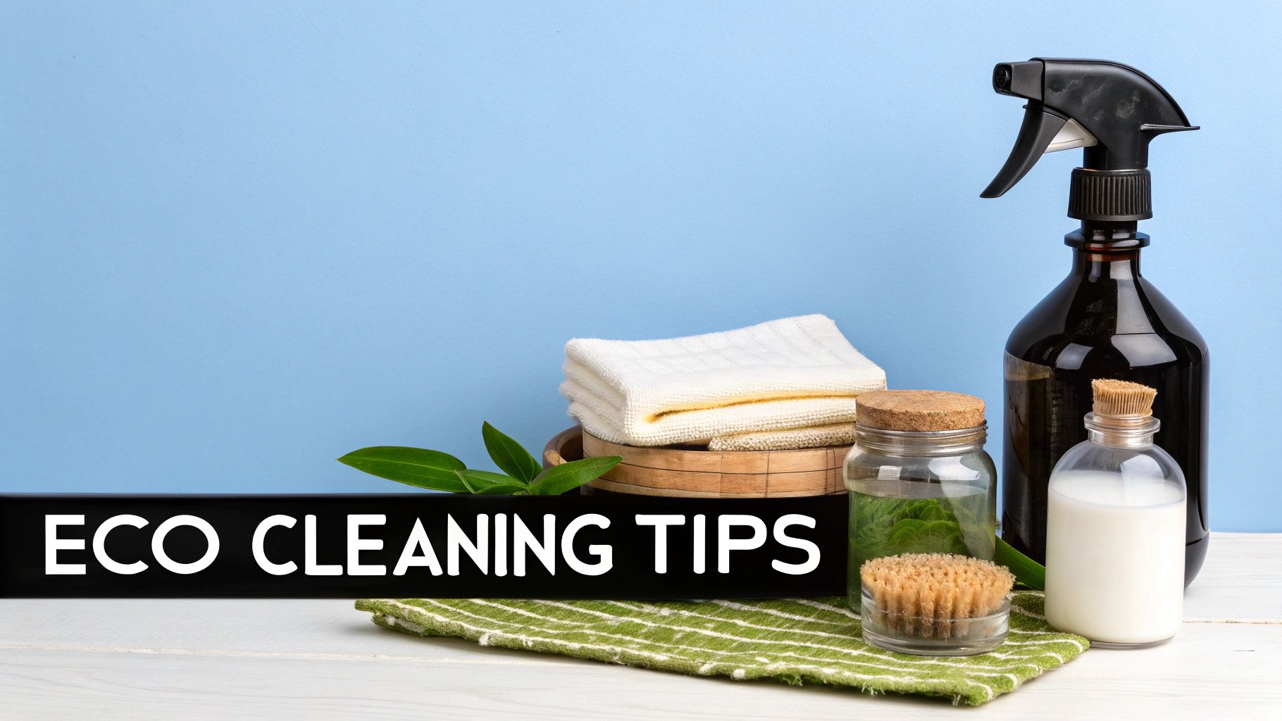 A person's hands in blue gloves scrubbing a surface with a natural brush next to a spray bottle and a lemon.