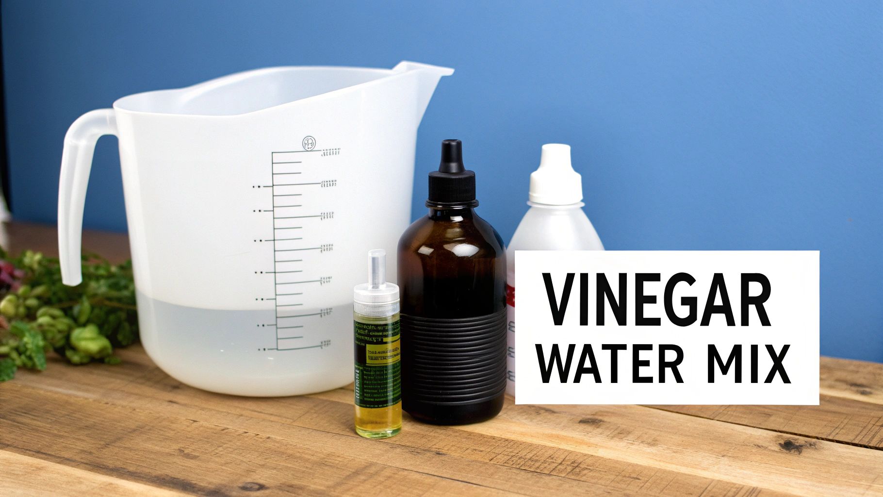 b36f872d 20d0 4bc5 9b03 9ea8886869b6 A spray bottle filled with a clear cleaning solution next to a bowl of vinegar and a measuring cup.