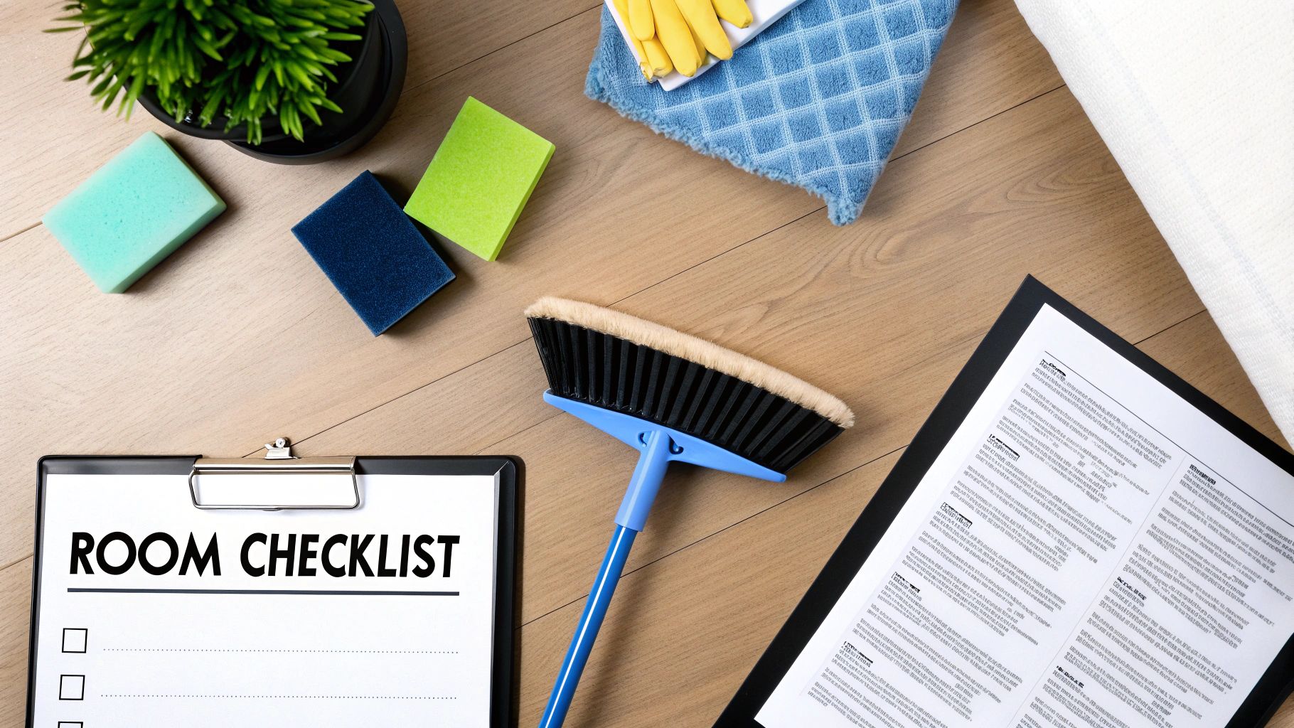 Flat lay of cleaning supplies on a wooden floor, including a 'ROOM CHECKLIST' clipboard, sponges, broom, and gloves.