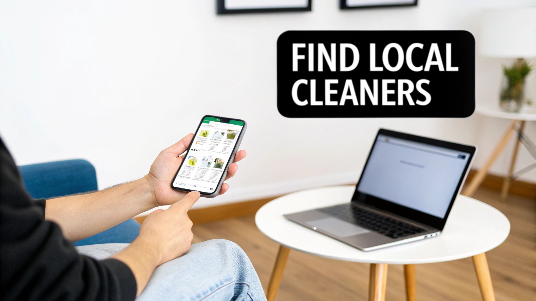 A person using a smartphone to browse local cleaning services with a 'FIND LOCAL CLEANERS' text bubble.