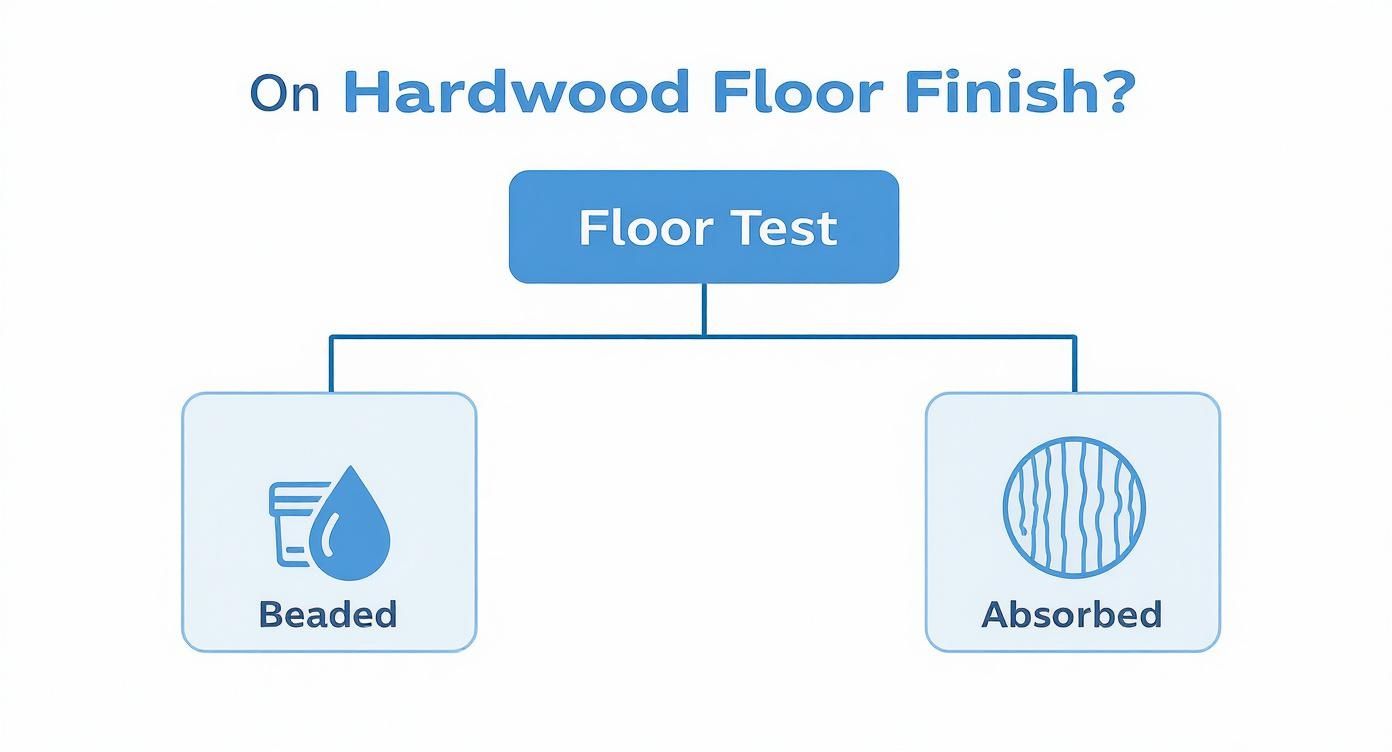 A flowchart showing a 'Floor Test' on hardwood floor finish, with outcomes 'Beaded' (water droplet) or 'Absorbed' (wood grain).