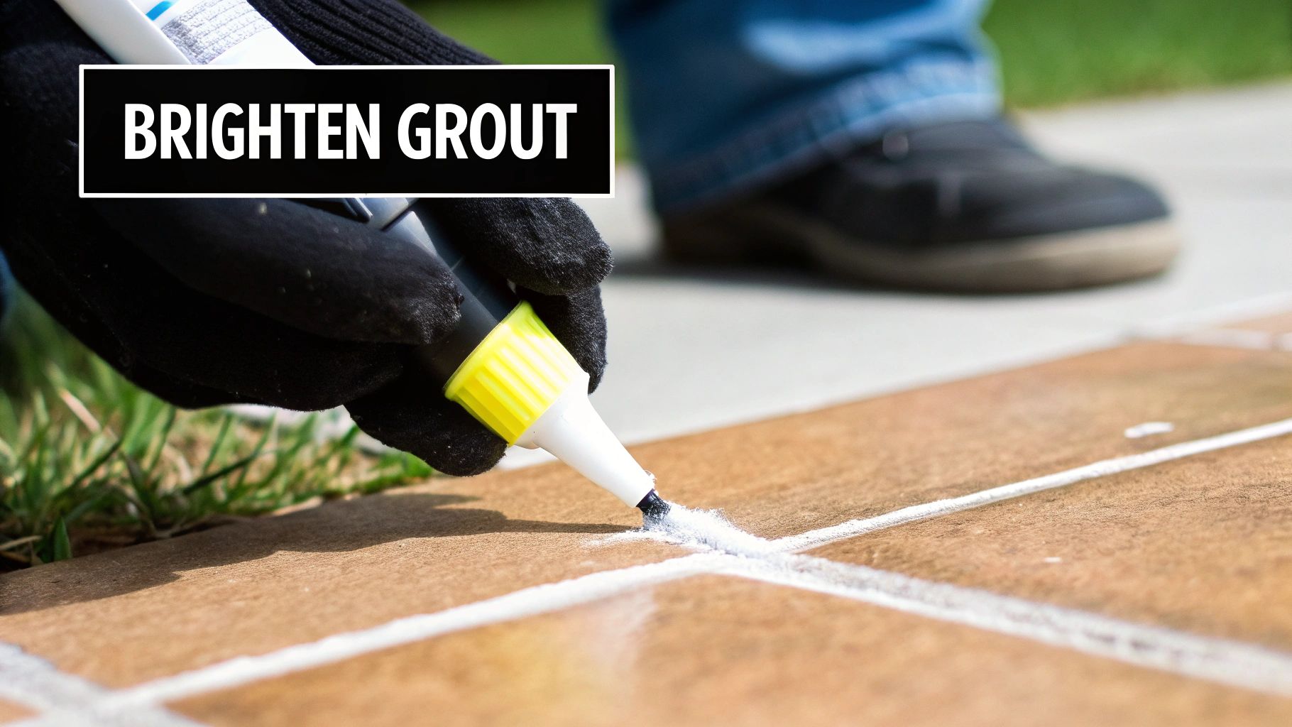 A gloved hand uses a white grout pen with a yellow cap to brighten the white lines between brown outdoor tiles.