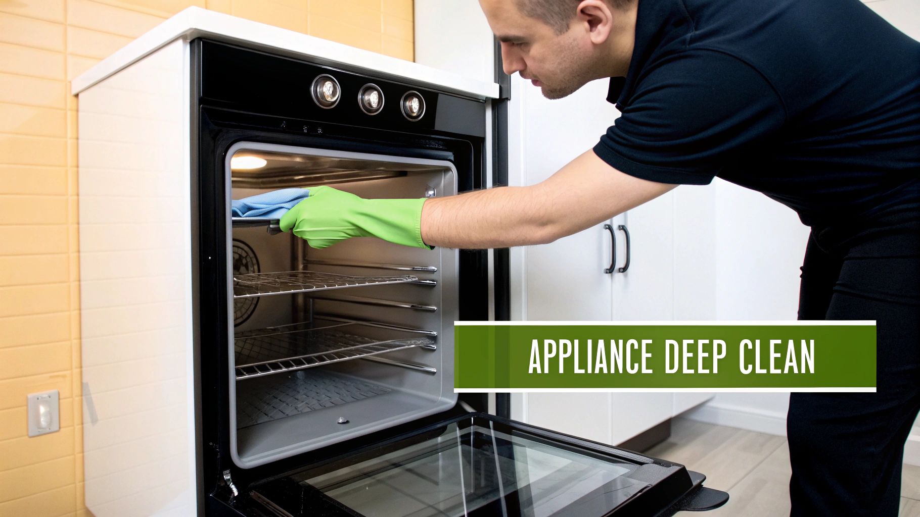 A person thoroughly cleaning the interior of a refrigerator, wiping down shelves and drawers to ensure it is spotless for a move-out inspection.