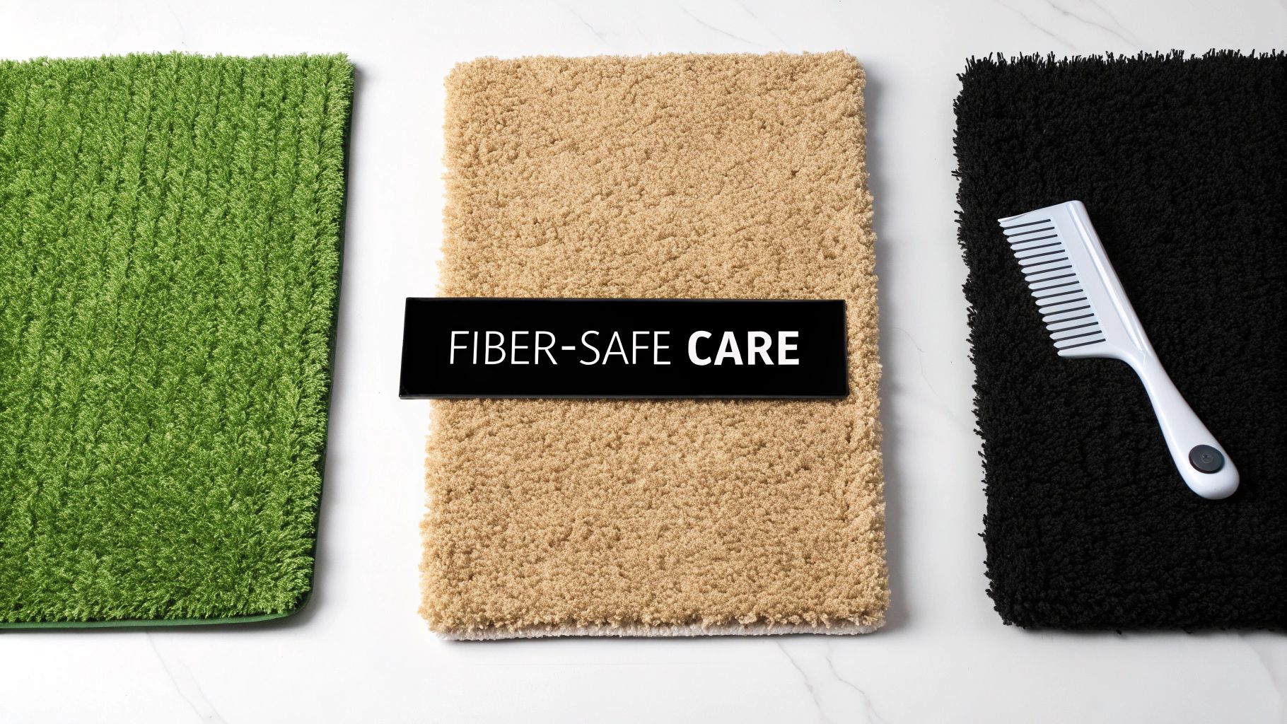 A close-up of different rug fiber textures, including wool, synthetic, and shag.