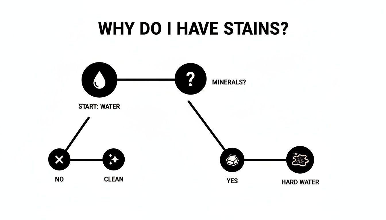 A flowchart illustrating the causes of water stains, from water to minerals leading to hard water.