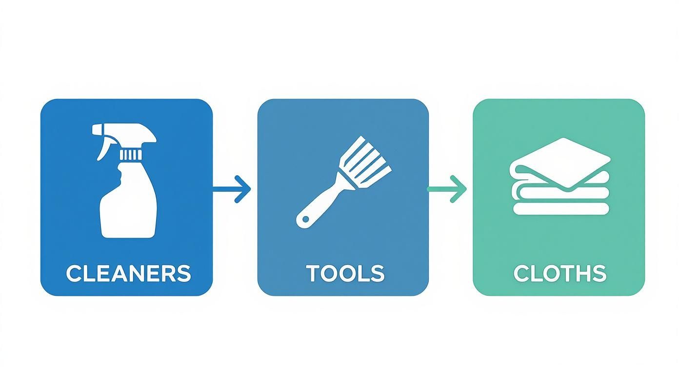Infographic illustrating the essential components for cleaning: spray cleaners, scraping tools, and folded cloths.