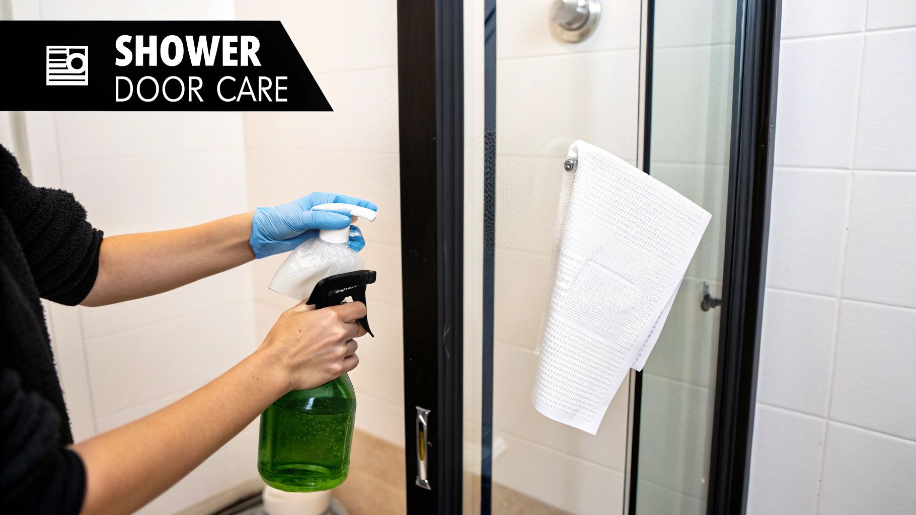 A person wearing a blue glove sprays cleaner onto a glass shower door with two bottles.