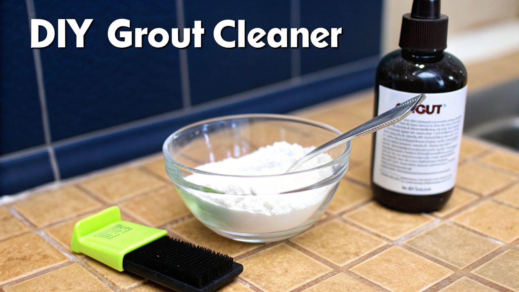 Ingredients and tools for a DIY grout cleaner, including powder, liquid, and a brush on tiled surfaces.