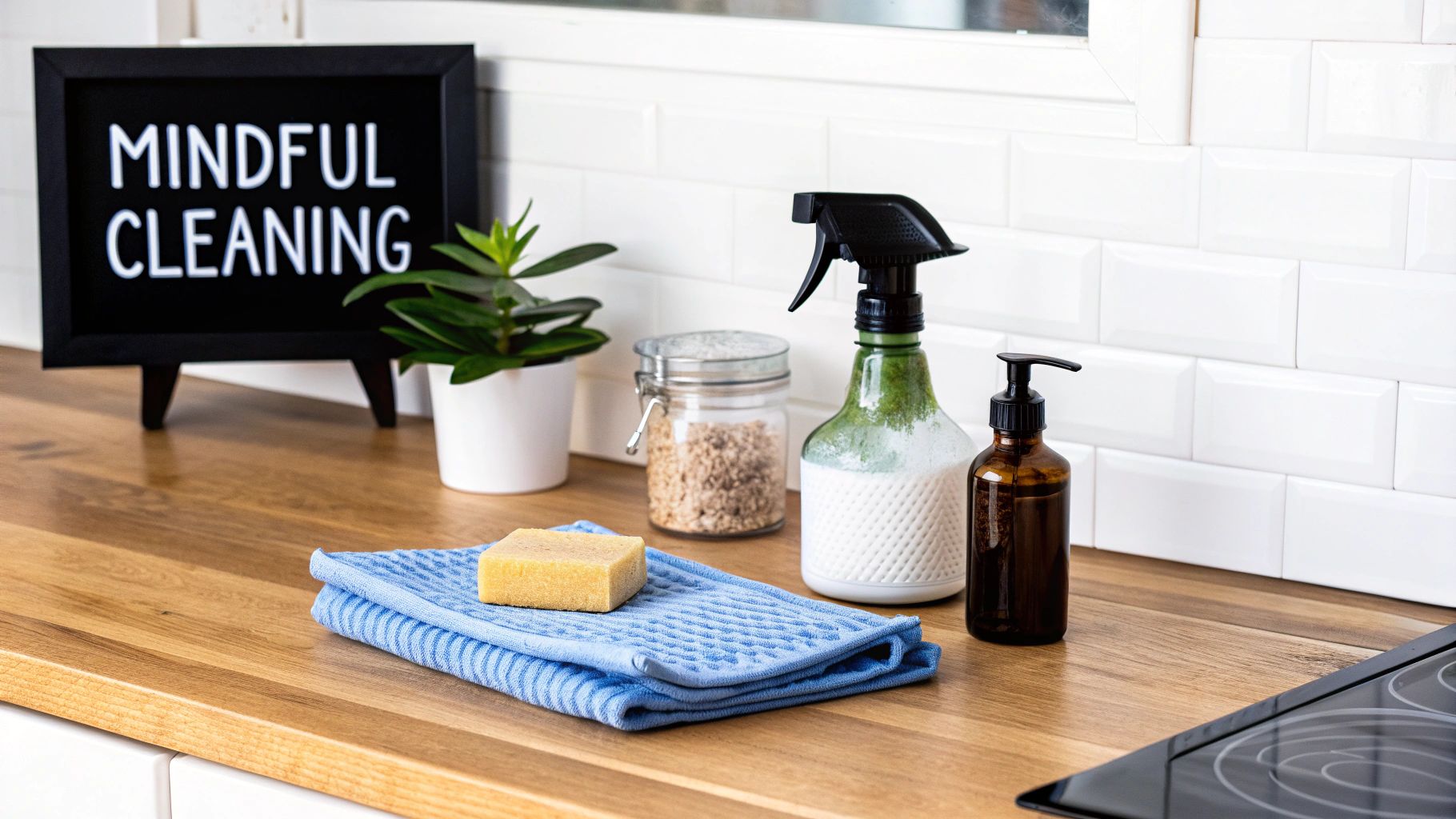 Eco-friendly cleaning supplies including spray bottle, sponge, and amber pump bottle on wooden kitchen counter