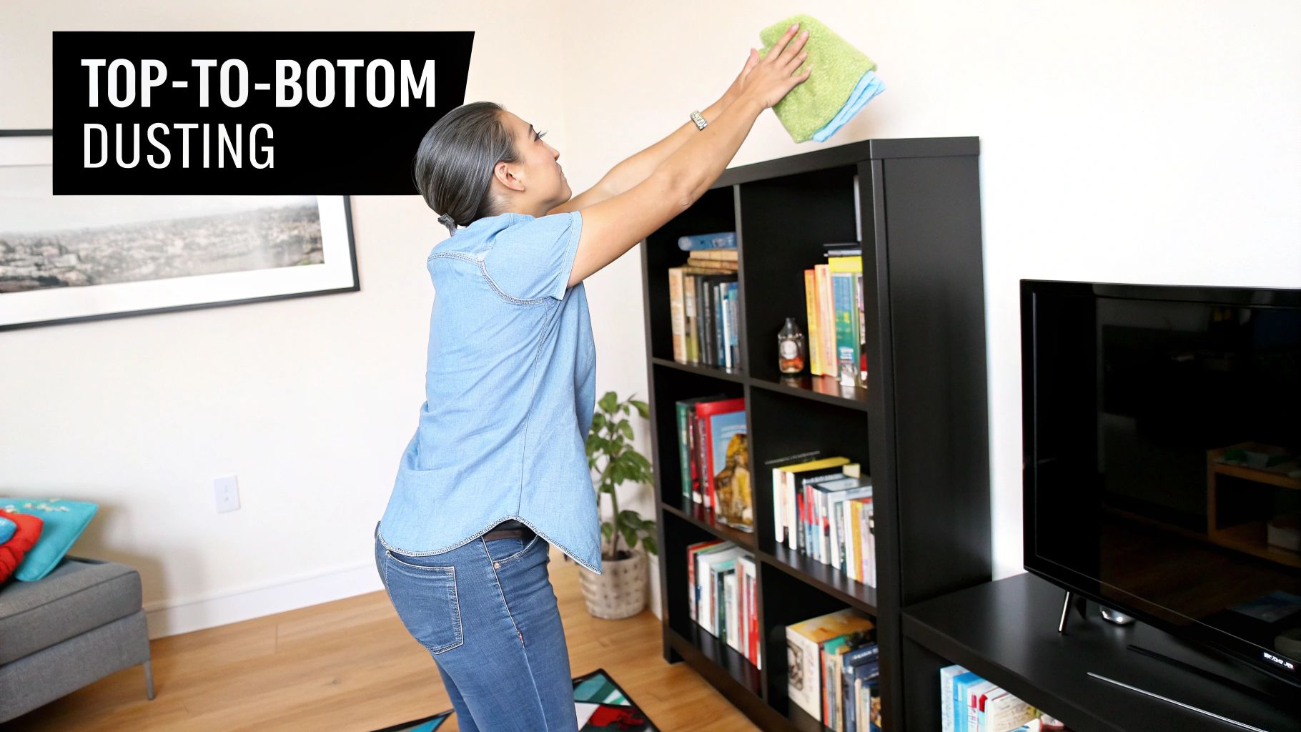 A person performs top-to-bottom dusting, cleaning the top of a black bookshelf with a cloth.