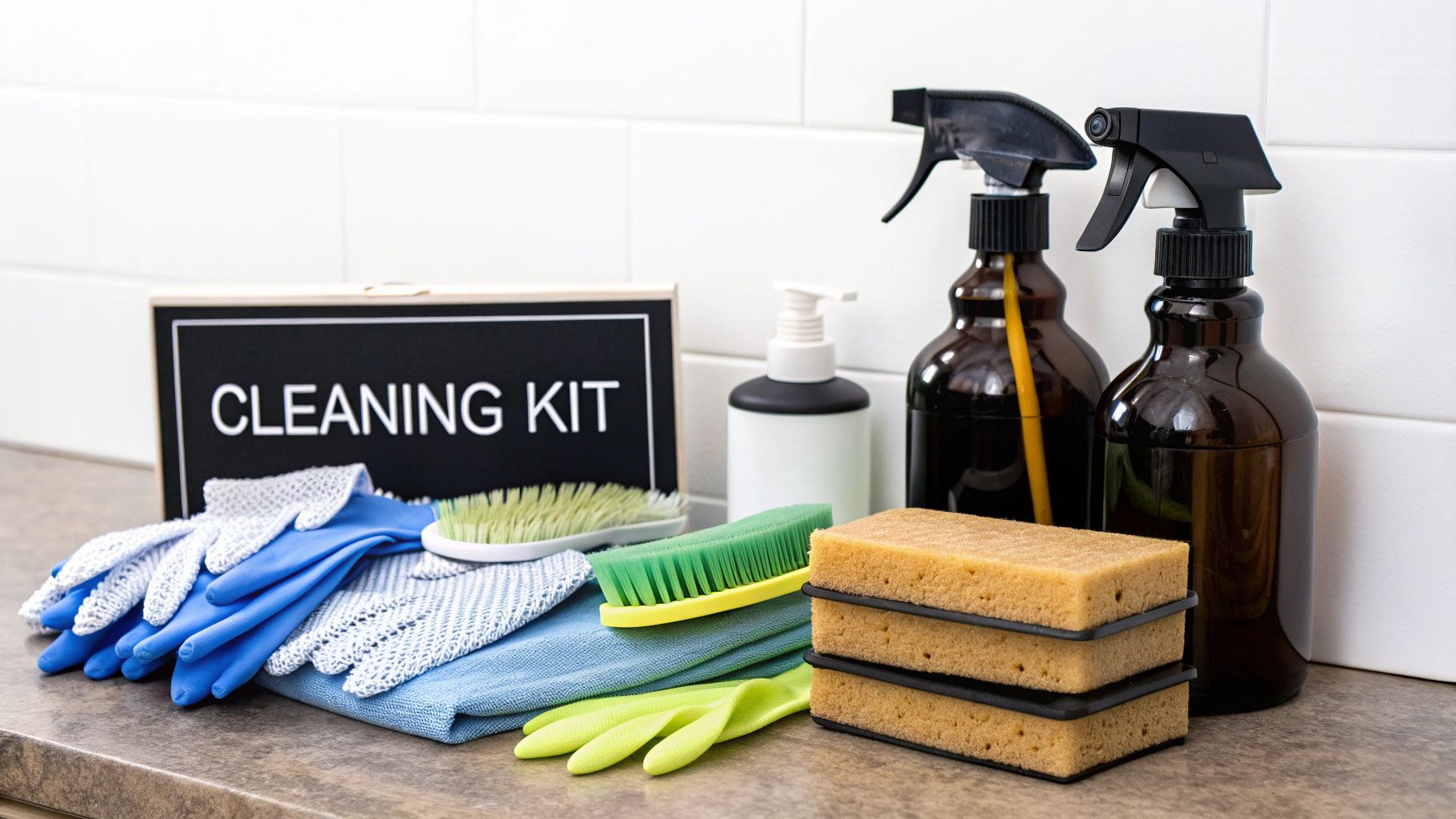 d6d47aa7 fe7a 40ef 9bd8 ff2cf234a091 An organized collection of bathroom cleaning supplies, including sprays, brushes, and cloths, ready for use.