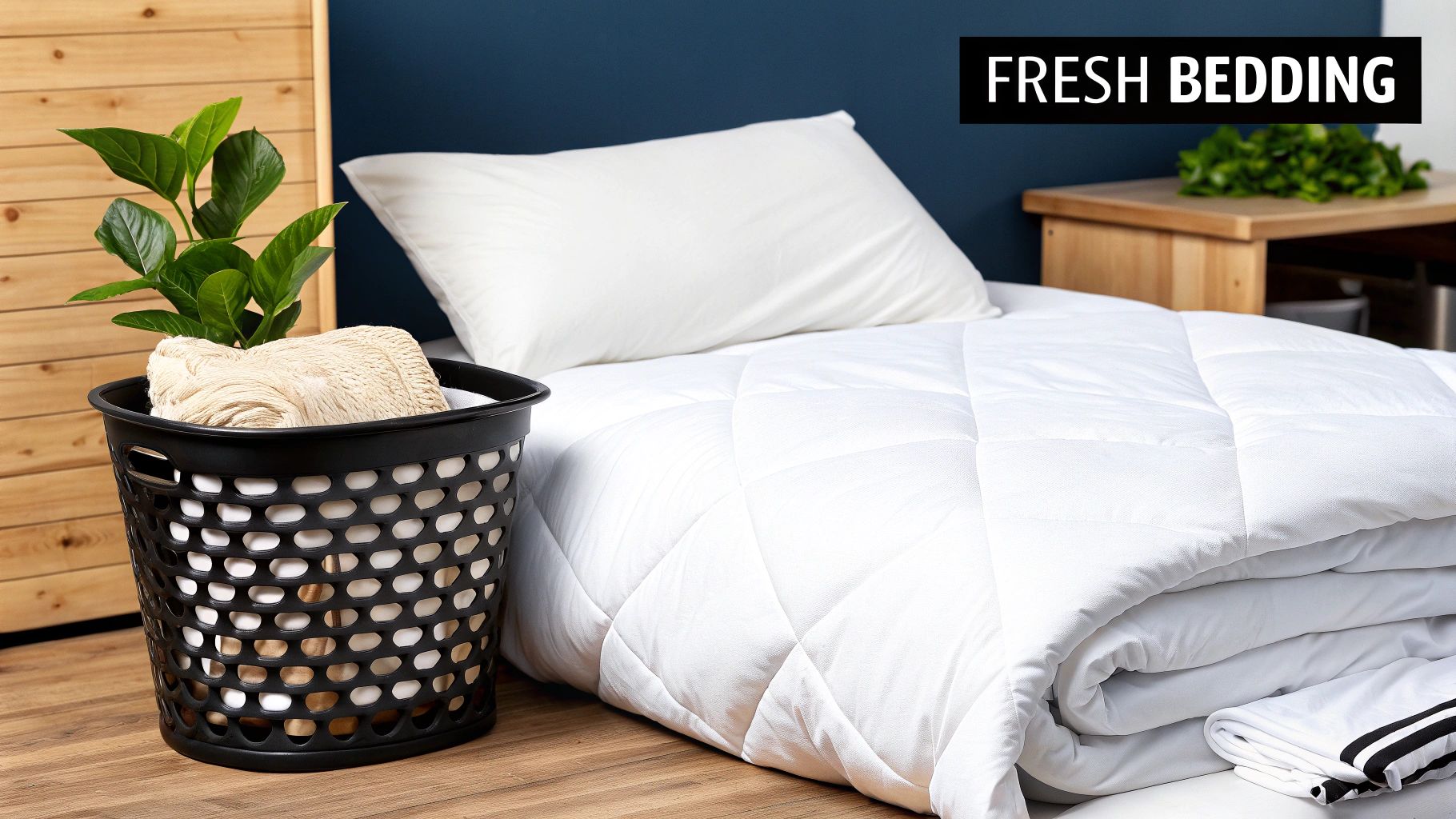 A freshly made bed with clean white bedding, a laundry basket, and a plant.