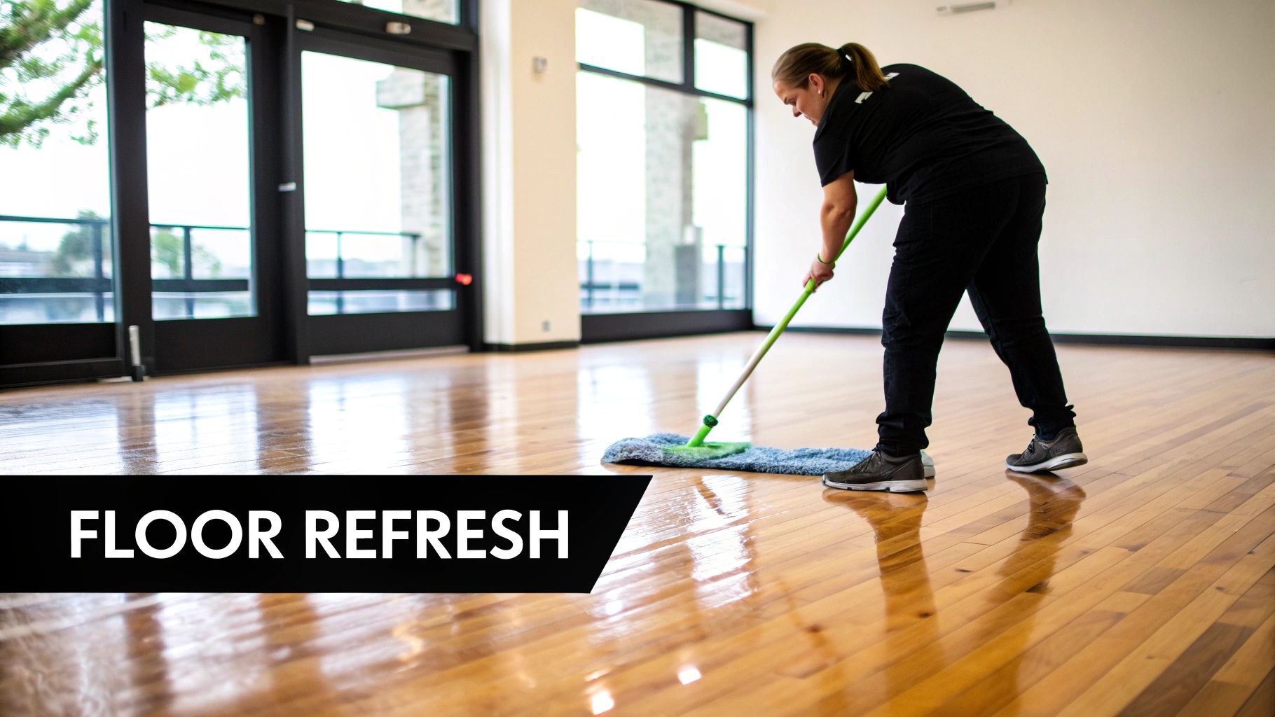 A professional cleaner meticulously mopping a shiny hardwood floor, showcasing the final step in floor restoration.