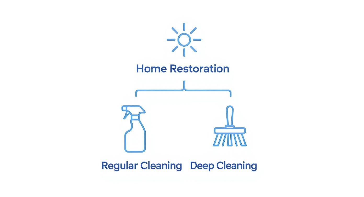 A diagram illustrating Home Restoration services, categorized into Regular Cleaning and Deep Cleaning with icons.