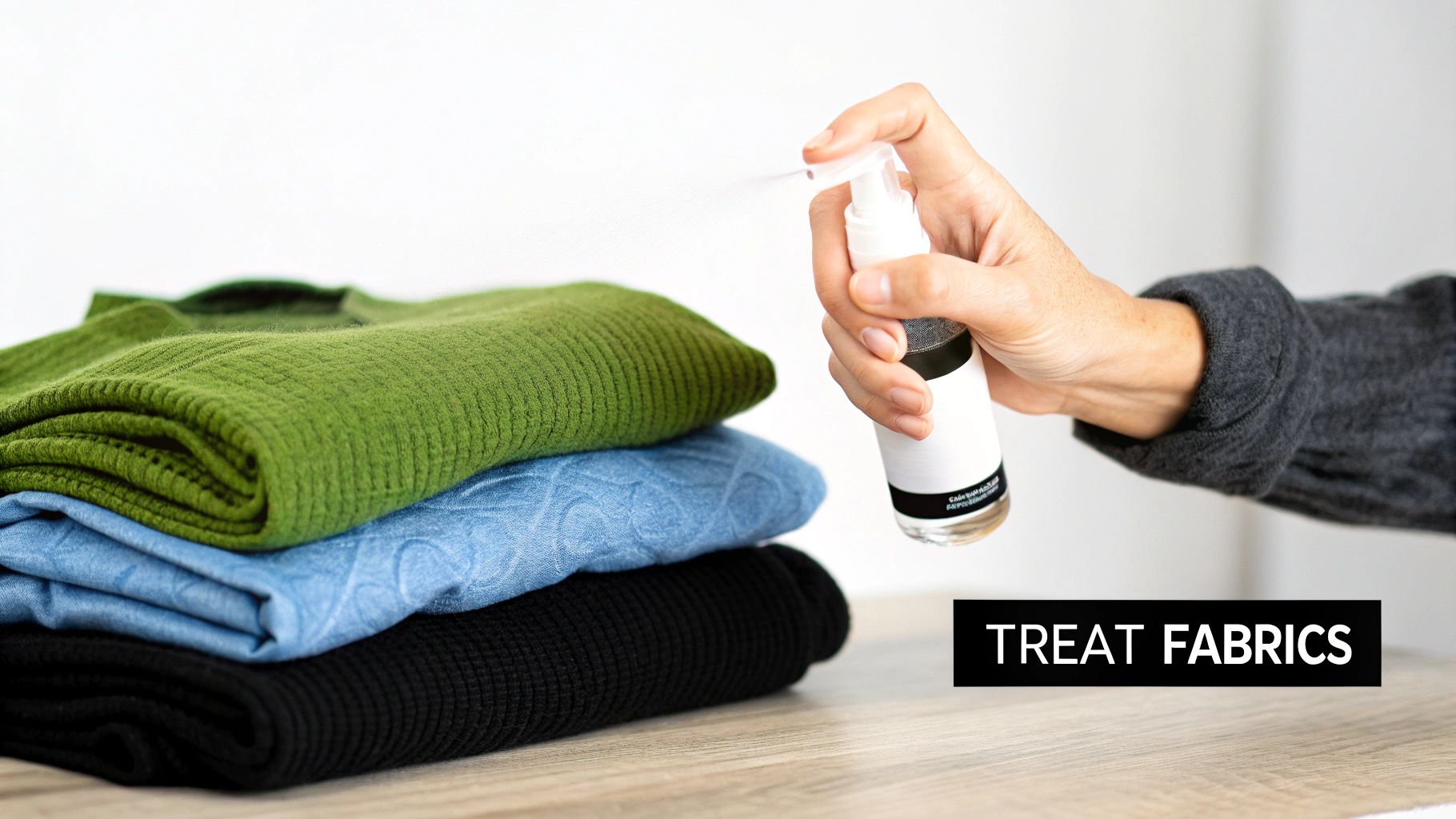 Person spraying fabric treatment on folded sweaters to eliminate static electricity from clothes