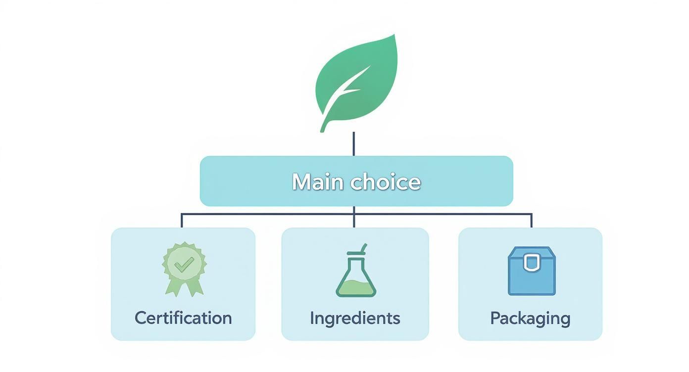 A flowchart illustrating sustainable product choices, including certification, ingredients, and packaging, represented by a green leaf.